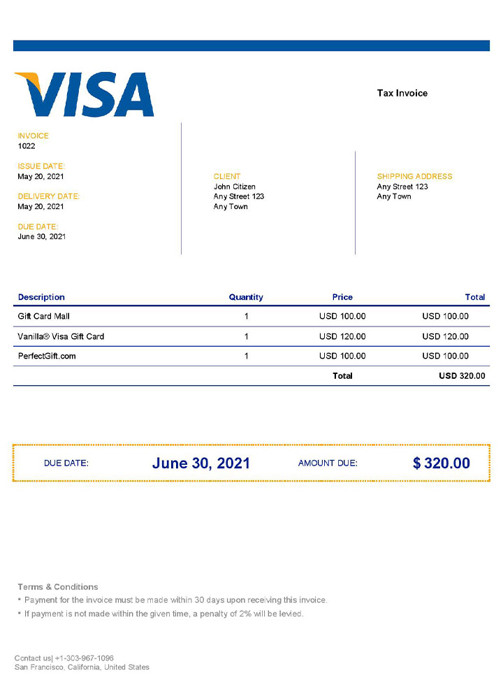 USA Visa invoice template PSD template